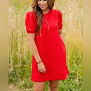 JODIFL Vibrant Red Subtle Argyle Dress with Puff Sleeves